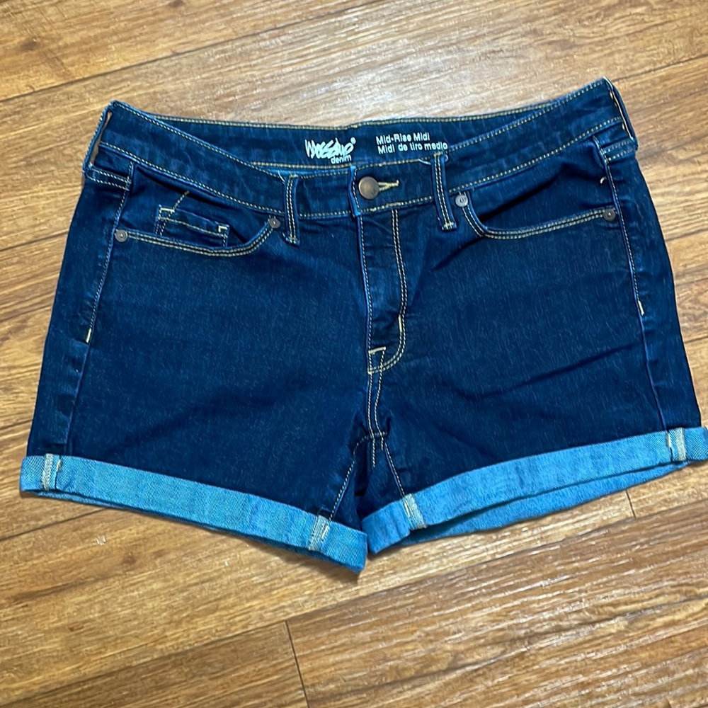 Dark wash mid rise denim shorts